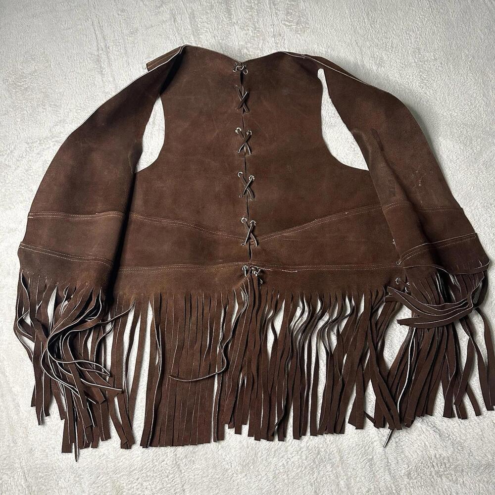 Vintage 70s Brown Leather Cowboy Fringe Tassel Boho Western Outlaw Vest 20 X 26 - Picture 8 of 9